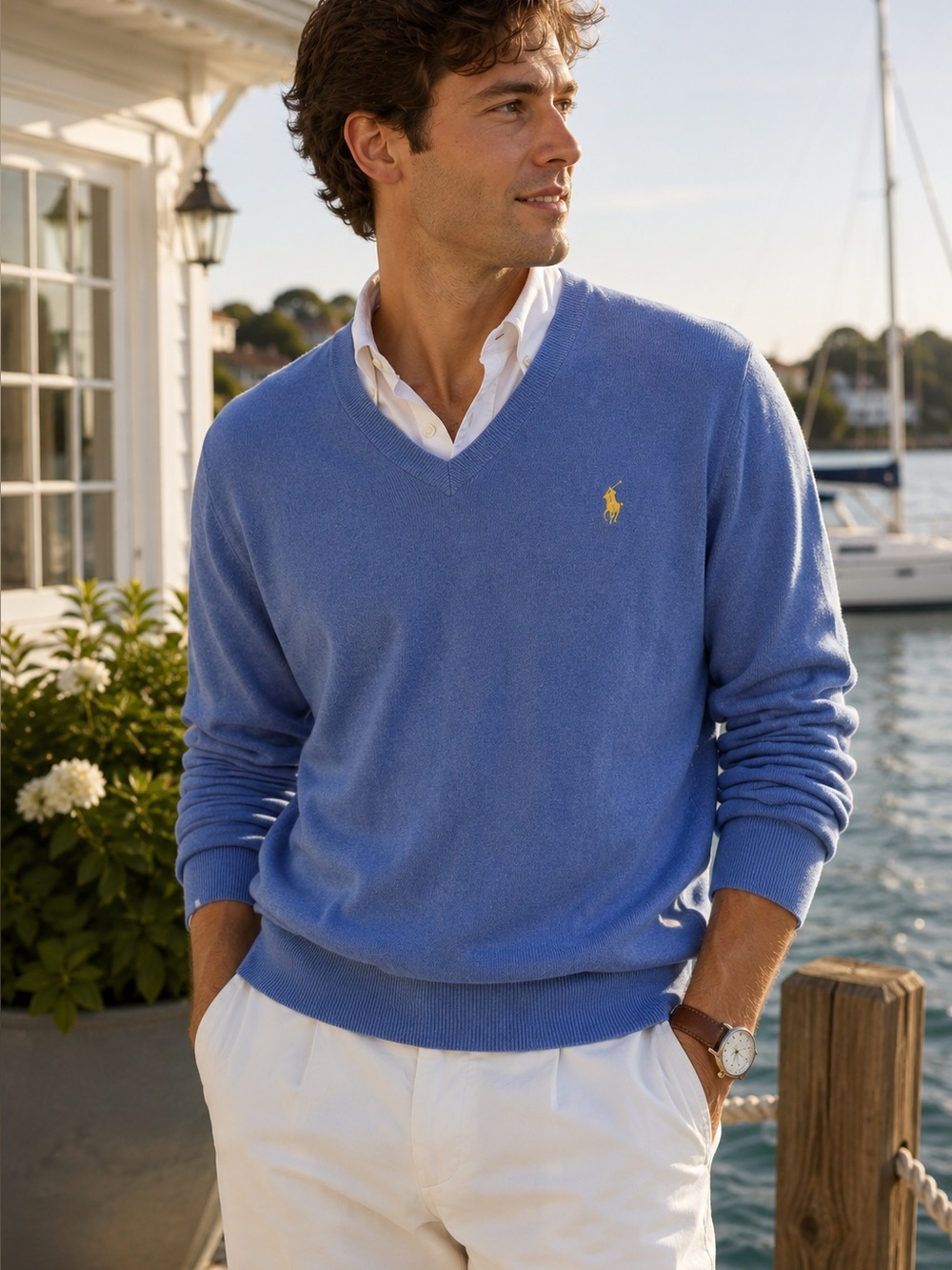 Polo Ralph Lauren Pima Cotton V-Neck Sweater Blue Medium